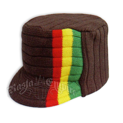 Knit Flat Top Cap with Rasta Stripe - Brown
