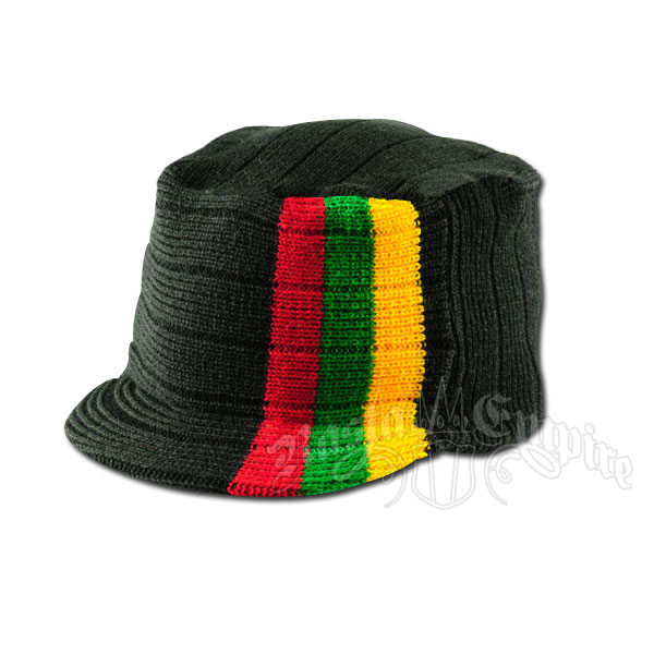 Knit Flat Top Cap with Rasta Stripe - Black