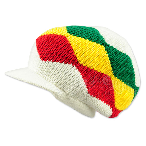 Rasta Waves Cotton Cap with Visor - White/Rasta