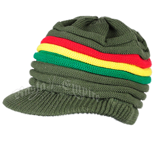 Rasta Rings Style Cotton Cap - Olive/Rasta