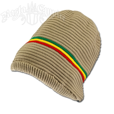 Oversized Beanie Cap - Khaki/Rasta Stripe