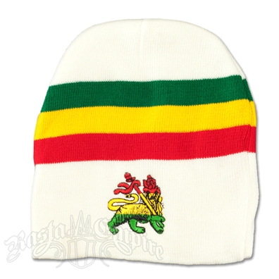 Lion of Judah with Rasta Stripes on White Beanie Cap