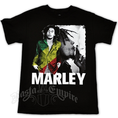 Bob Marley Rasta Pose and Smoke Black T-Shirt - Men's