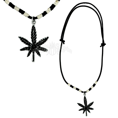 Marijuana Black Leaf Charm Brown Leather Necklace -