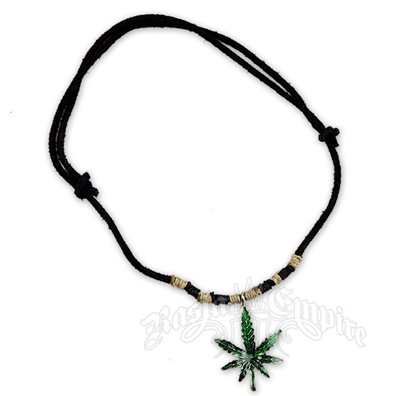 Marijuana Leaf Charm Black Leather Necklace