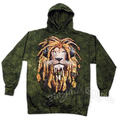 Rasta DJ Lion Olive Green Tie Dye Hoodie - Men's