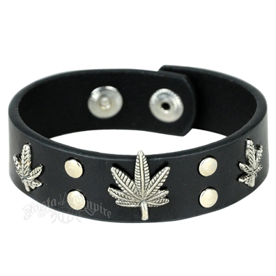 Tri-Leaf Black Leather Cuff Bracelet