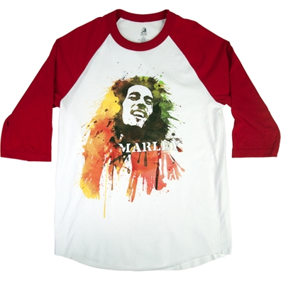 Bob Marley Watercolor Portrait Red & White Raglan – Men’s