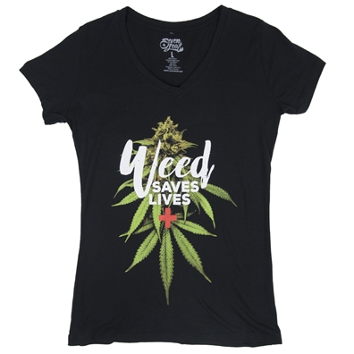 Seven Leaf Weed Saves Lives Black T-Shirt – Women’s