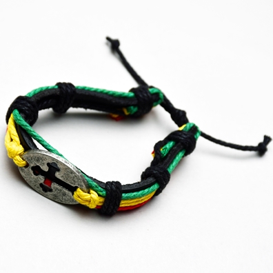 Rasta Cord and Cross Black Leather Bracelet