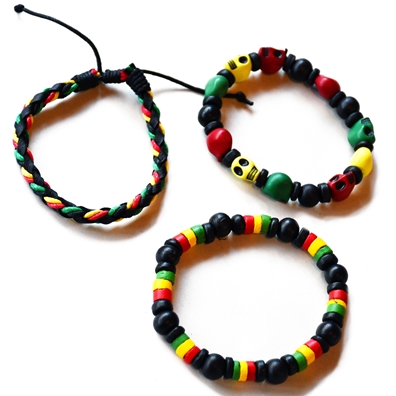 Rasta 3 Piece Braided, Beaded & Skull Bracelet Set