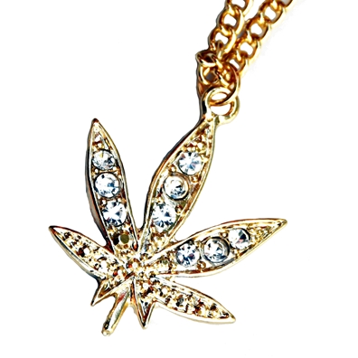 Gold and Rhinestone Pot Leaf Chain Necklace