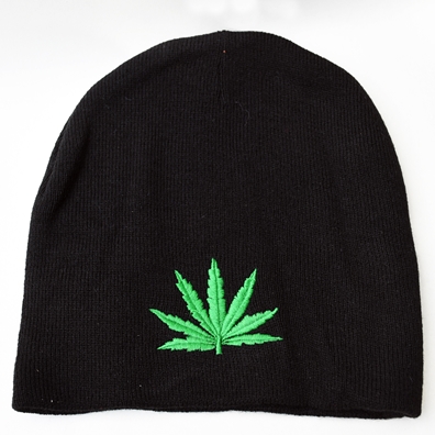 Black 8" Beanie Cap with Embroidered Weed Leaf