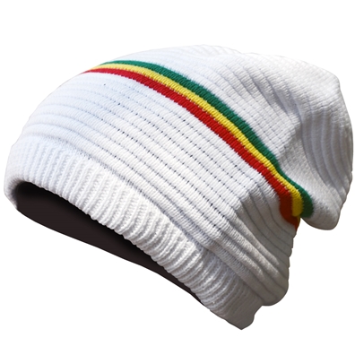 OVERSIZED BEANIE CAP - WHITE/RASTA STRIPE