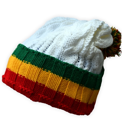 White and Rasta Striped Beanie Cap with Pom