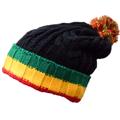 Black and Rasta Striped Beanie Cap with Pom