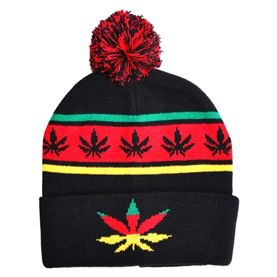 Weed Leaf Rasta Striped Beanie Hat