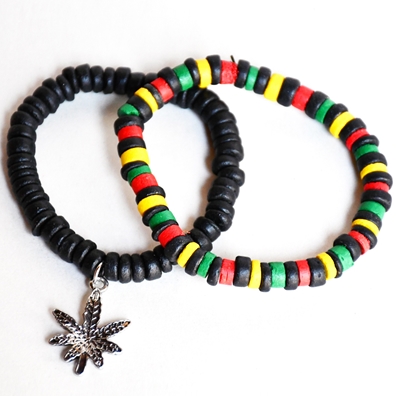 Rasta and Reggae Black Coco Bead Bracelet Set (2pcs)