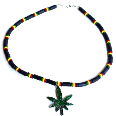 Rasta and Reggae Black Bead Necklace with Pot Leaf