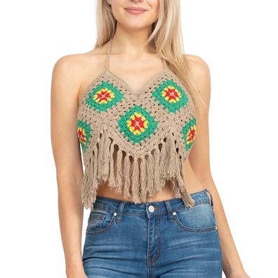 Rasta Fringe Crochet Top Tan - Women's