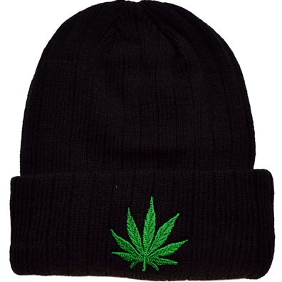 Black Weed Leaf Embroidered Beanie