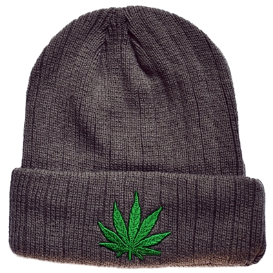 Grey Weed Leaf Embroidered Beanie