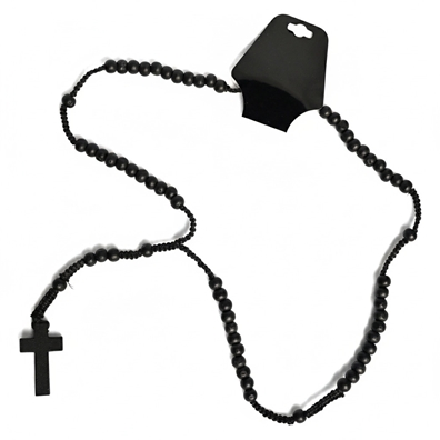 Black Beaded Rosary Style Cross Necklace