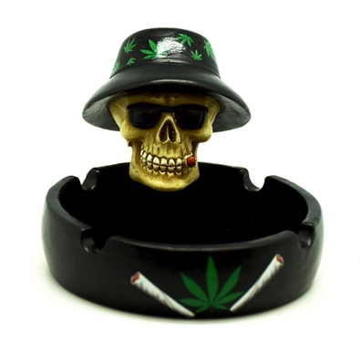 Smoking Skull with Cannabis Leaf Hat Ashtray