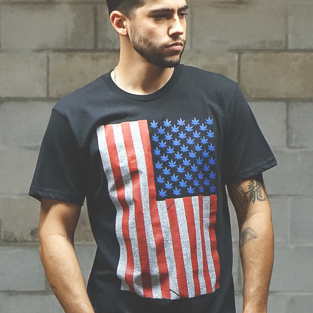 Seven Leaf Pot Leaf Stars American Flag Black T-Shirt – Men’s at ...