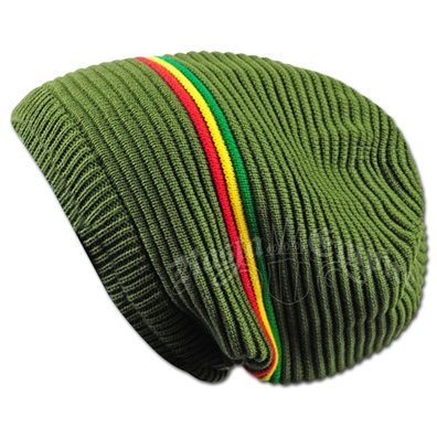 Oversized Beanie Cap - Olive/Rasta Stripe